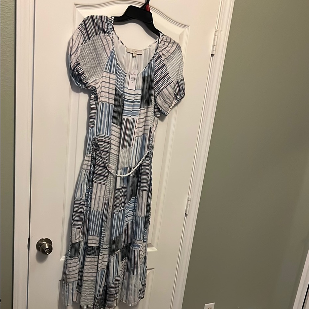 LOFT Blue and White Puff Sleeve Midi Sundress
